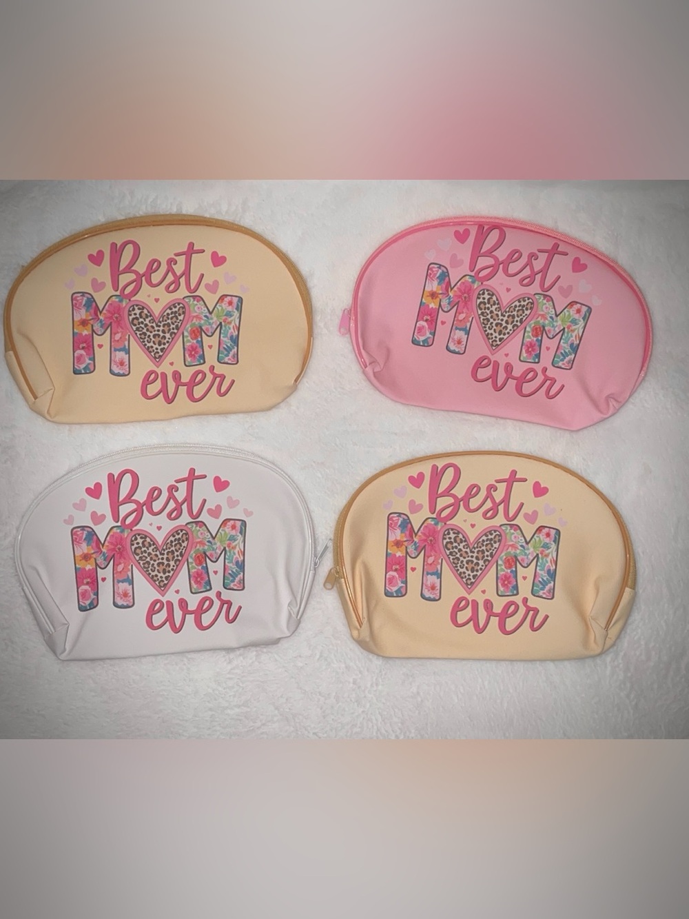 ‘Best Mom Ever' Floral Heart Cosmetic Bag- Pink/White/Yellow